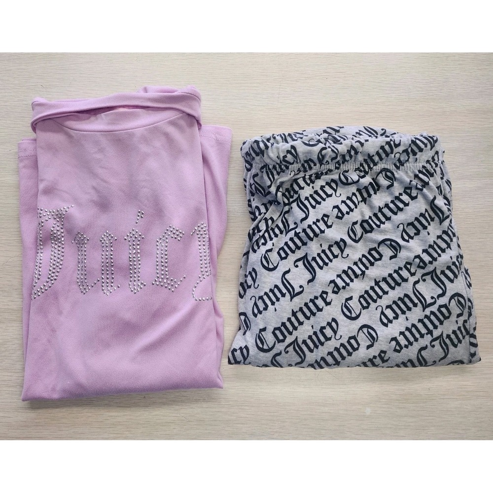 Juicy Couture Rhinestone Bling Pink Velour Womens PJ Top & Grey Script Bottoms M